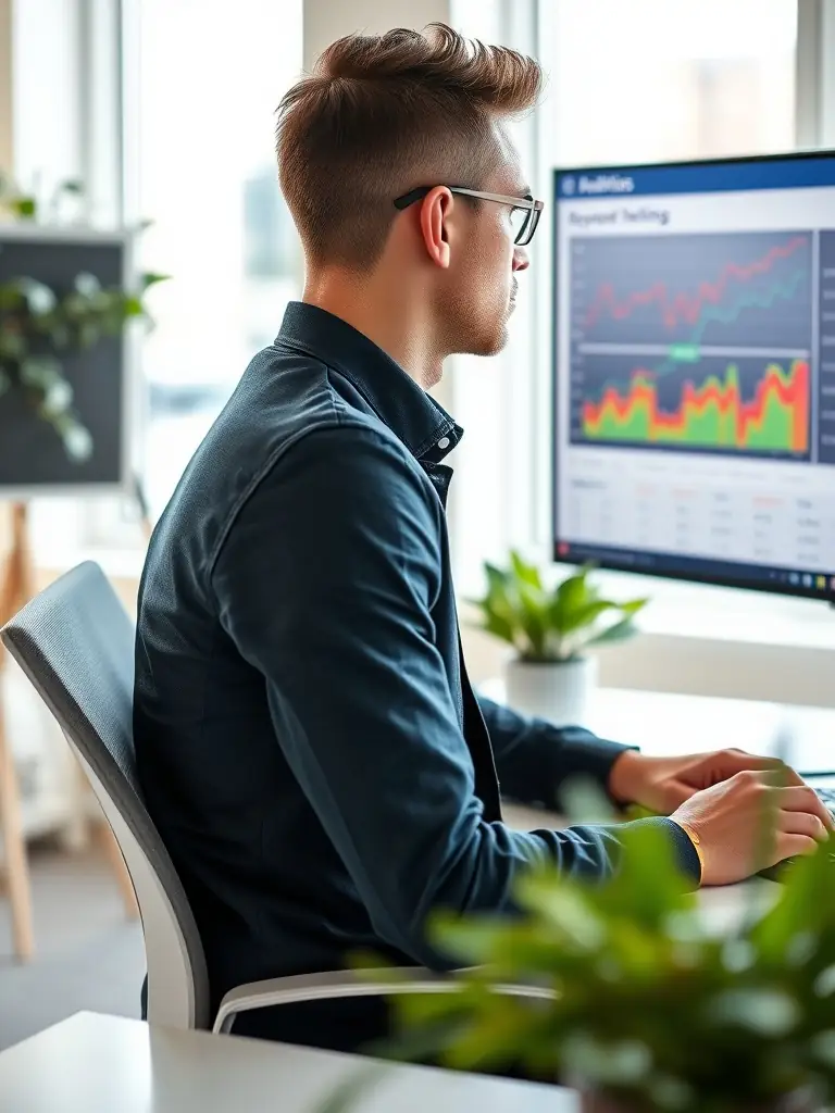 A professional photograph showcasing a team of digital marketers collaborating on a strategy, with charts and data visible on a large screen in the background, representing Blink Digital Consulting's strategic approach.