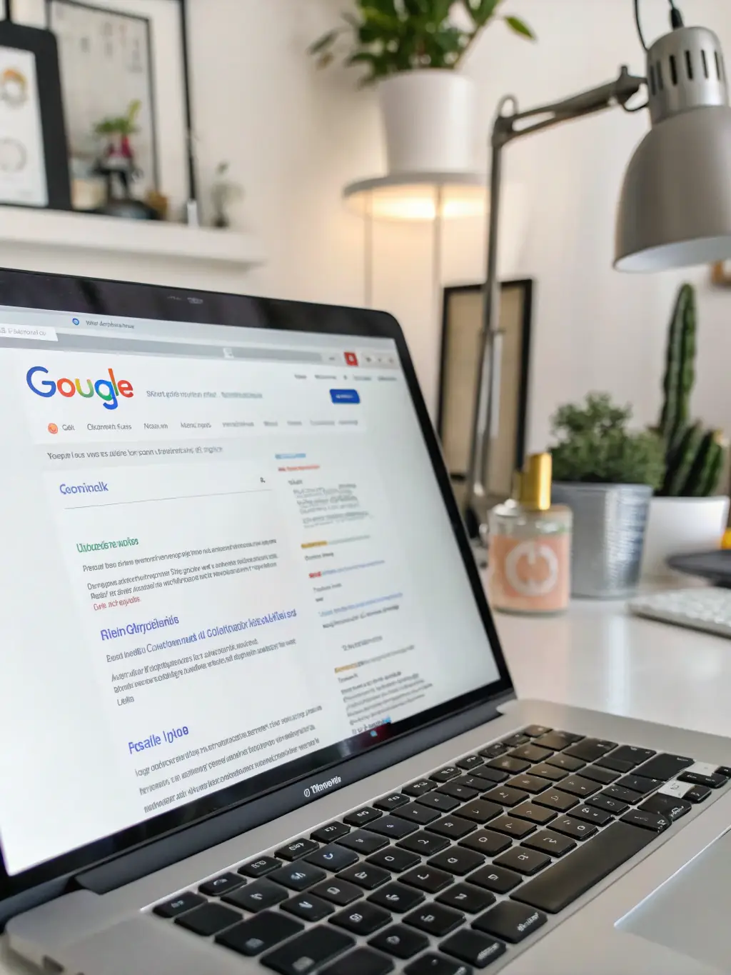 A close-up shot of a computer screen displaying search engine results pages (SERPs) with a website ranking high, symbolizing Blink Digital Consulting's SEO prowess.