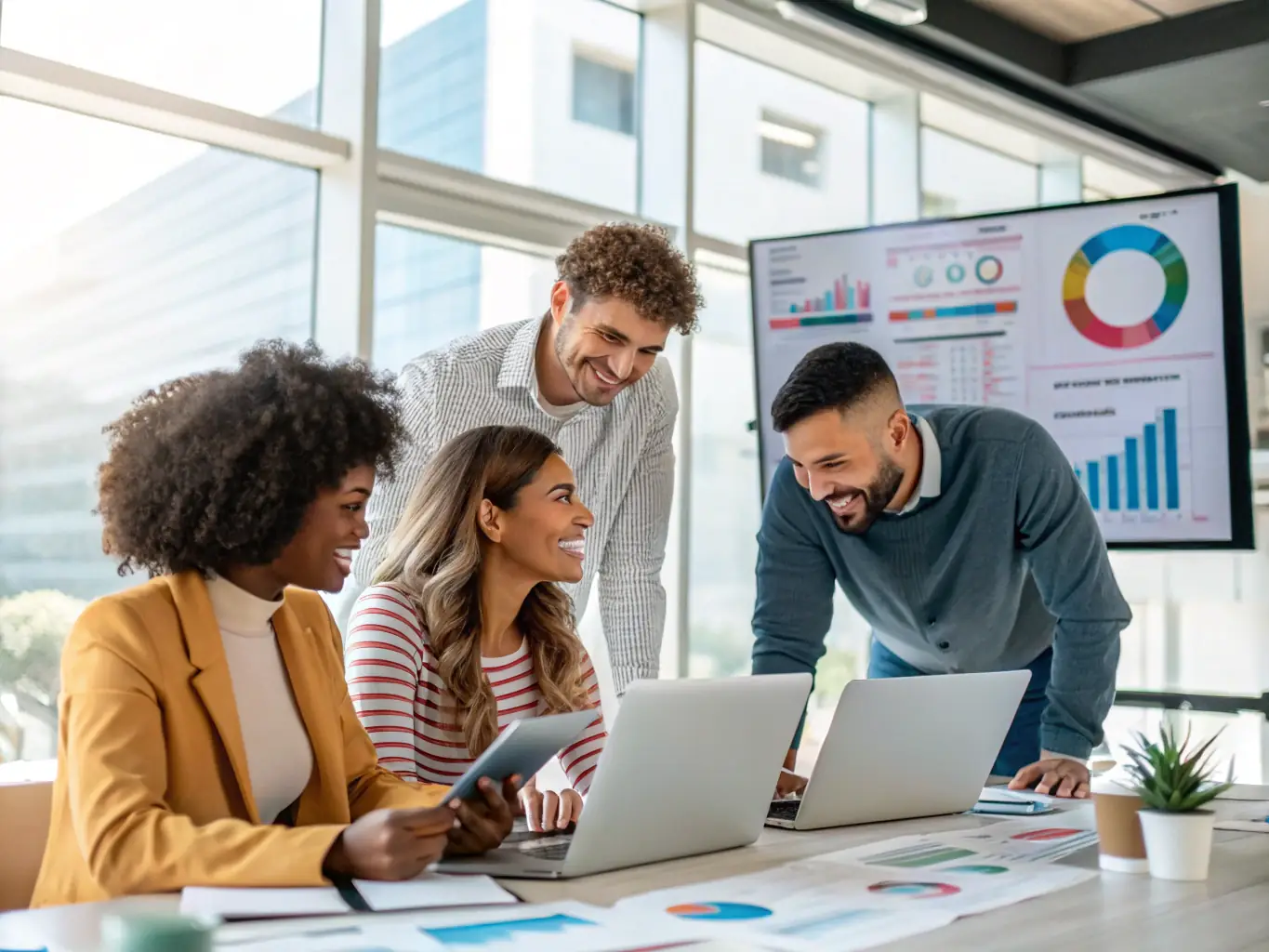 A team of digital marketing experts collaborating on a digital marketing strategy, reviewing analytics on multiple screens in a modern office setting.